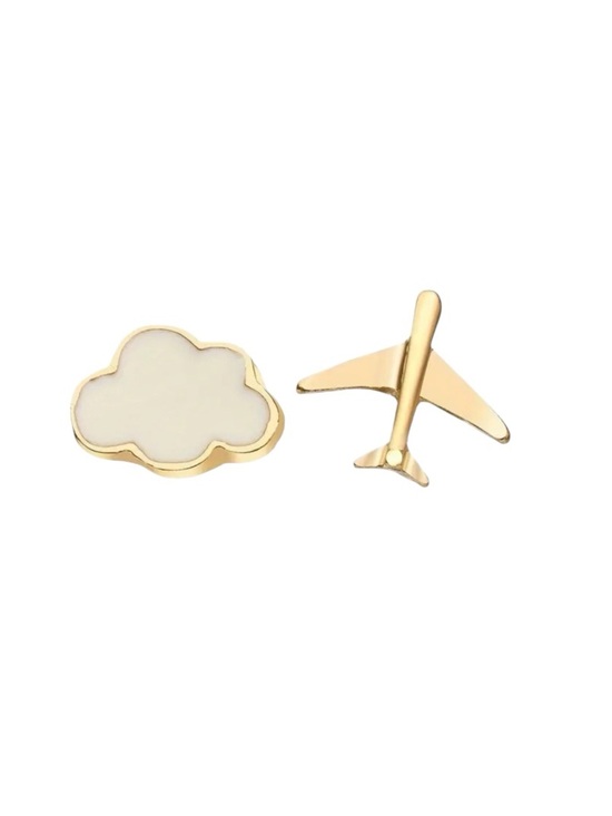 Whimsy_and_Rose Jewelry - Asymmetrical Gold Cloud and Airplane Stud Earrings